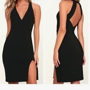 Lulu's Total Knockout Black V-neck Bodycon Dress With Slit Size Medium